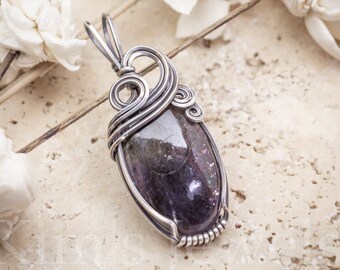Iolite Cordierite with Sunstone Gemstone Oxidized Sterling Silver Wire Wrapped Pendant - Ready to Ship!