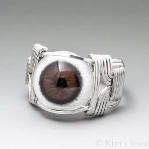 Brown Glass Eye Eyeball Human Style Sterling Silver Wire Wrapped Ring - Optional Oxidation/Antiquing - Made to Order and Ships Fast!
