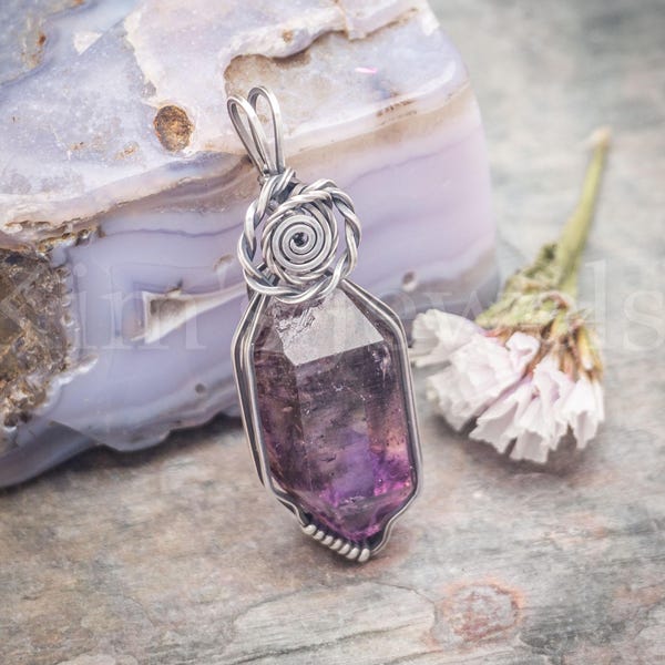 Shangaan Smoky Amethyst Phantom Quartz Crystal w/Enhydros, Oxidized Sterling Silver Wire Wrapped Pendant