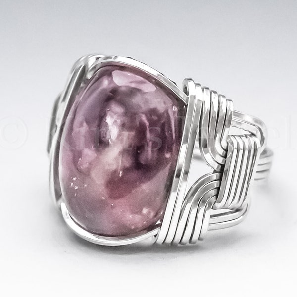 Lepidolite & Rubellite Sterling Silver Wire Wrapped Gemstone Cabochon Ring - Optional Oxidation/Antiquing - Made to Order, Ships Fast!