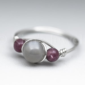 Grey Moonstone & Lepidolite Sterling Silver Wire Wrapped Gemstone BEAD Ring - Made to Order, Ships Fast!