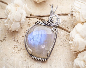 Light Grey Rainbow Moonstone Gemstone Oxidized Sterling Silver Wire Wrapped Pendant - Ready to Ship!