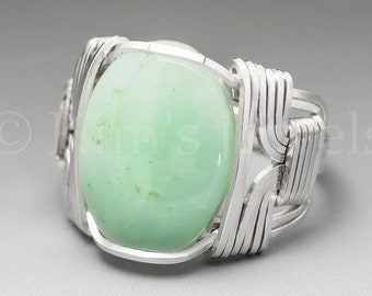 Chrysoprase Sterling Silver Wire Wrapped Gemstone Cabochon Ring - Optional Oxidation/Antiquing - Made to Order, Ships Fast!