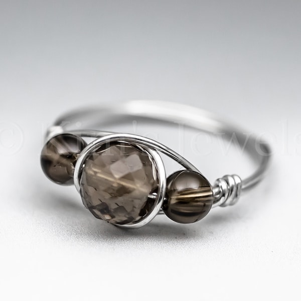 Smoky Quartz Faceted Sterling Silver Wire Wrapped Gemstone BEAD Ring - Made to Order, Ships Fast!