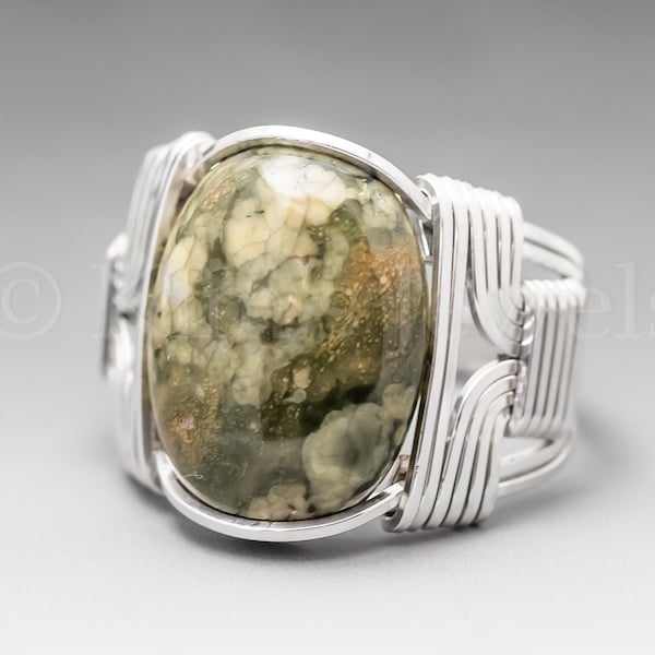 Rainforest Jasper Sterling Silver Wire Wrapped Gemstone Cabochon Ring - Optional Oxidation/Antiquing - Made to Order, Ships Fast!