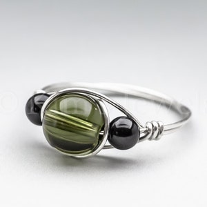 Czech Republic Green Moldavite & Black Schorl Tourmaline, Sterling Silver Wire Wrapped Gemstone BEAD Ring - Made to Order, Ships Fast!