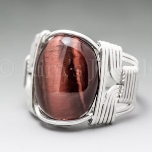 Red Tigers Eye Sterling Silver Wire Wrapped Gemstone Cabochon Ring - Optional Oxidation/Antiquing - Made to Order, Ships Fast!