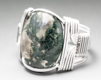 Moss Agate Sterling Silver Wire Wrapped Gemstone Cabochon Ring - Optional Oxidation/Antiquing - Made to Order, Ships Fast!