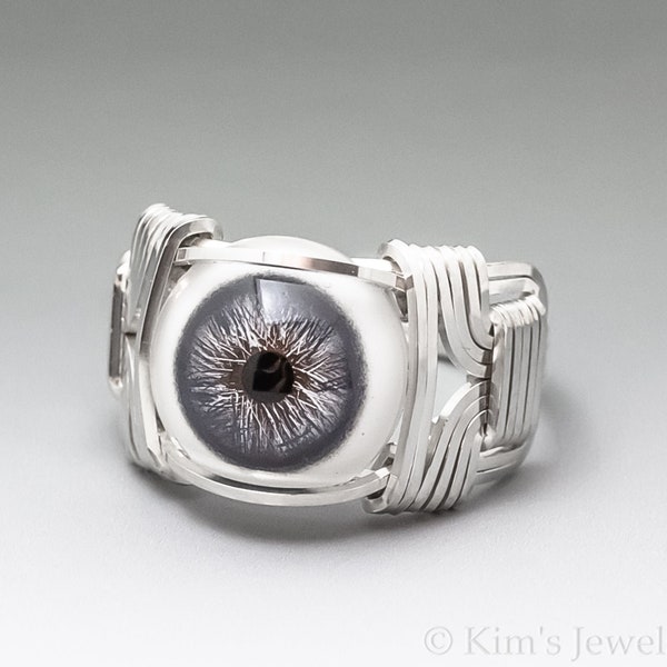 Slate Blue Glass Eye Eyeball Human Style Sterling Silver Wire Wrapped Ring - Optional Oxidation/Antiquing - Made to Order and Ships Fast!