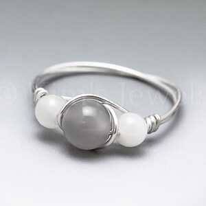 Grey Moonstone & White Moonstone Sterling Silver Wire Wrapped Gemstone BEAD Ring - Made to Order, Ships Fast!