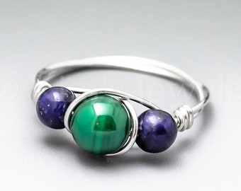 Malachite & Lapis Lazuli Sterling Silver Wire Wrapped Gemstone BEAD Ring - Made to Order, Ships Fast!