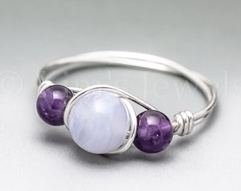 Blue Lace Agate & Amethyst Sterling Silver Wire Wrapped Gemstone BEAD Ring - Made to Order, Ships Fast!