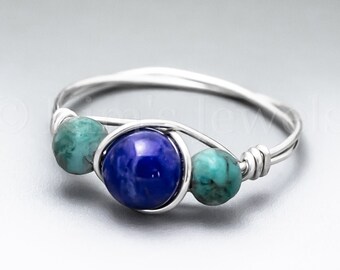 Lapis Lazuli & Turquoise Sterling Silver Wire Wrapped Gemstone BEAD Ring - Made to Order, Ships Fast!