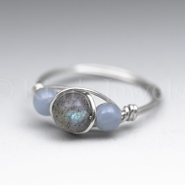 Labradorite & Angelite Sterling Silver Wire Wrapped Gemstone BEAD Ring - Made to Order, Ships Fast!