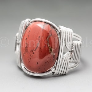 Red Jasper Sterling Silver Wire Wrapped Gemstone Cabochon Ring - Optional Oxidation/Antiquing - Made to Order, Ships Fast!