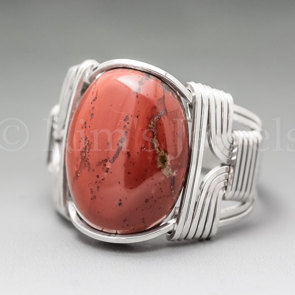 Red Jasper Sterling Silver Wire Wrapped Gemstone Cabochon Ring - Optional Oxidation/Antiquing - Made to Order, Ships Fast!