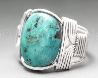 Stabilized un-dyed Turquoise Sterling Silver Wire Wrapped Gemstone Cabochon Ring - Optional Oxidation/Antiquing - Made to Order, Ships Fast!