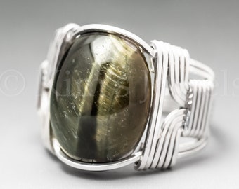 Green Tigers Eye Sterling Silver Wire Wrapped Gemstone Cabochon Ring - Optional Oxidation/Antiquing - Made to Order, Ships Fast!