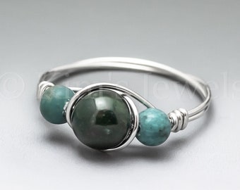 Bloodstone Heliotrope & Turquoise Sterling Silver Wire Wrapped Gemstone BEAD Ring - Made to Order, Ships Fast!