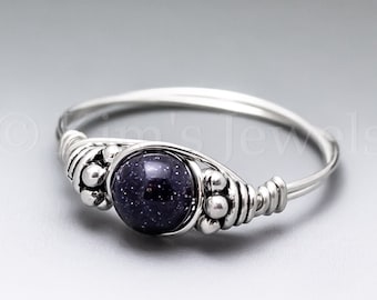 Blue Goldstone Bali Sterling Silver Wire Wrapped Gemstone BEAD Ring - Made to Order, Ships Fast!