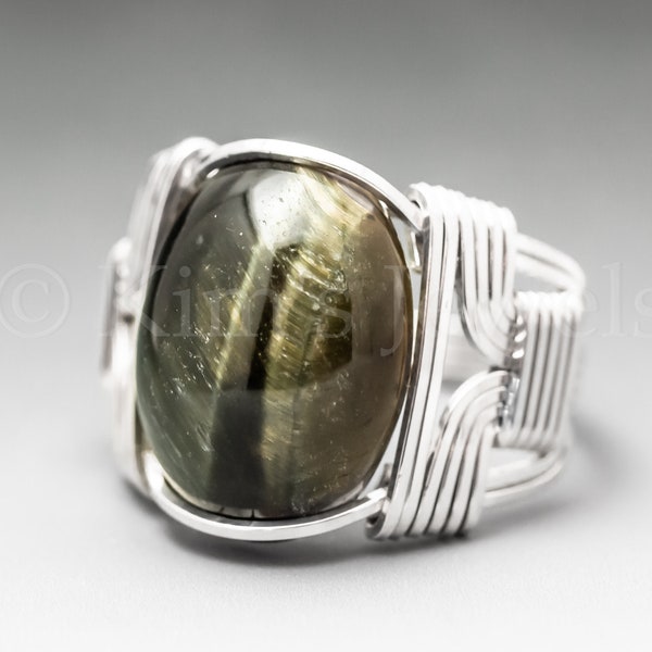 Green Tigers Eye Sterling Silver Wire Wrapped Gemstone Cabochon Ring - Optional Oxidation/Antiquing - Made to Order, Ships Fast!