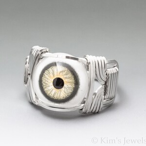 Handmade Sterling Silver Wire Wrapped Yellow Green Glass Eye Ring, Made to Order
