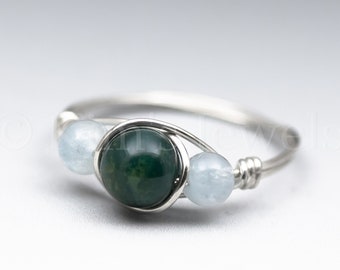 Bloodstone Heliotrope & Soft Blue Aquamarine Sterling Silver Wire Wrapped Gemstone BEAD Ring - Made to Order, Ships Fast!