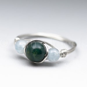 Bloodstone Heliotrope & Soft Blue Aquamarine Sterling Silver Wire Wrapped Gemstone BEAD Ring Made to Order, Ships Fast image 1