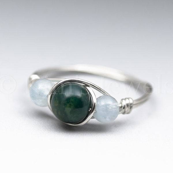 Bloodstone Heliotrope & Soft Blue Aquamarine Sterling Silver Wire Wrapped Gemstone BEAD Ring - Made to Order, Ships Fast!
