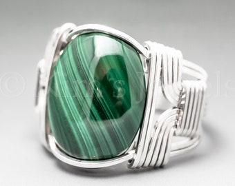 Malachite Sterling Silver Wire Wrapped Gemstone Cabochon Ring - Optional Oxidation/Antiquing - Made to Order, Ships Fast!