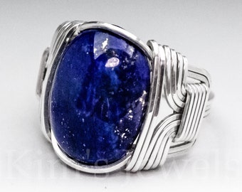 Lapis Lazuli Sterling Silver Wire Wrapped Dyed Gemstone Cabochon Ring - Optional Oxidation/Antiquing - Made to Order, Ships Fast!