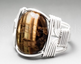 Golden Tigers Eye Sterling Silver Wire Wrapped Gemstone Cabochon Ring - Optional Oxidation/Antiquing - Made to Order, Ships Fast!