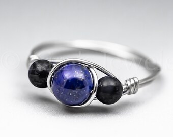 Lapis Lazuli & Black Schorl Tourmaline Sterling Silver Wire Wrapped Gemstone BEAD Ring - Made to Order, Ships Fast!