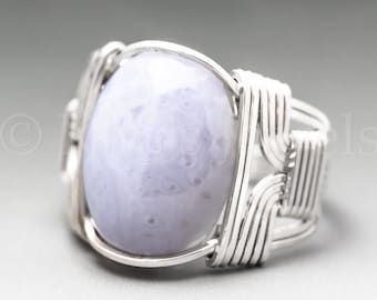 Blue Lace Agate Sterling Silver Wire Wrapped Gemstone Cabochon Ring - Optional Oxidation/Antiquing - Made to Order, Ships Fast!