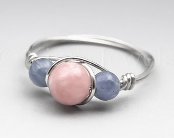 Peruvian Andean Pink Opal & Blue Kyanite Sterling Silver Wire Wrapped Gemstone BEAD Ring - Made to Order, Ships Fast!