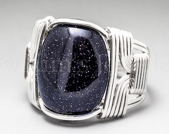 Blue Goldstone Sterling Silver Wire Wrapped Gemstone Cabochon Ring - Optional Oxidation/Antiquing - Made to Order, Ships Fast!