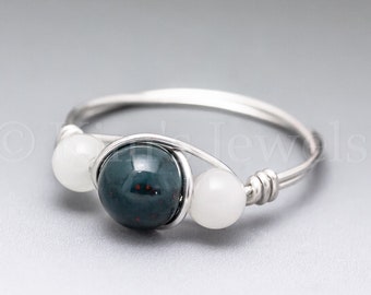 Bloodstone Heliotrope & White Moonstone Sterling Silver Wire Wrapped Gemstone BEAD Ring - Made to Order, Ships Fast!