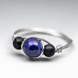 Lapis Lazuli & Black Schorl Tourmaline Sterling Silver Wire Wrapped Gemstone BEAD Ring - Made to Order, Ships Fast!