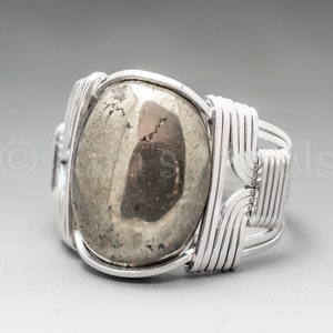 Pyrite Fools Gold Sterling Silver Wire Wrapped Gemstone Cabochon Ring Optional Oxidation/Antiquing Made to Order, Ships Fast image 1