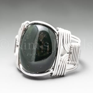 Bloodstone Heliotrope Sterling Silver Wire Wrapped Gemstone Cabochon Ring - Optional Oxidation/Antiquing - Made to Order, Ships Fast!