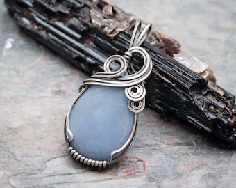 Blue Angelite Gemstone Sterling Oxidized Silver Wire Wrapped Pendant - Made to Order, Ships Fast!