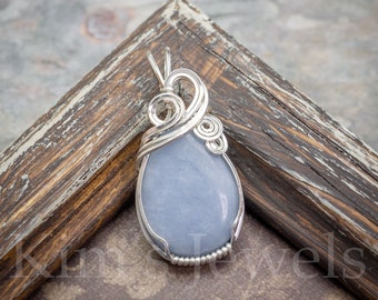 Blue Angelite Gemstone Sterling Silver Wire Wrapped Pendant - Made to Order, Ships Fast!