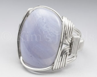 Blue Lace Agate Gemstone 18x25mm Cabochon Sterling Silver Wire Wrapped Ring -Optional Oxidation/Antiquing - Made to Order and Ships Fast!