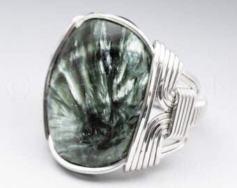 Seraphinite Gemstone 18x25mm Cabochon Sterling Silver Wire Wrapped Ring -Optional Oxidation/Antiquing - Made to Order and Ships Fast!