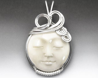 Moon Face Carved Bone (bovine) Cameo Sterling Silver Wire Wrapped Pendant - Made to Order, Ships Fast!