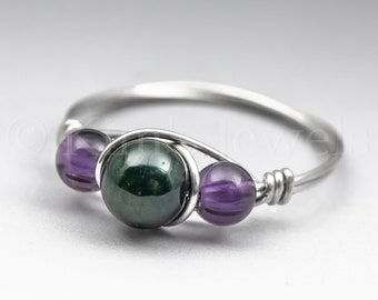 Bloodstone Heliotrope & Amethyst Sterling Silver Wire Wrapped Gemstone BEAD Ring - Made to Order, Ships Fast!