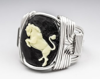 Taurus Zodiac Astrology Sign April 21 - May 21 Acrylic Cameo Sterling Silver Wire Wrapped Ring -Made to Order, Ships Fast!