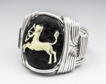 Sagittarius Zodiac Acrylic Cameo Cab Sterling Silver Wire Wrapped Ring, Made to Order