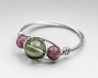 Czech Moldavite Green Tektite & Lepidolite Sterling Silver Wire Wrapped Gemstone Bead Ring - Made to Order, Ships Fast!