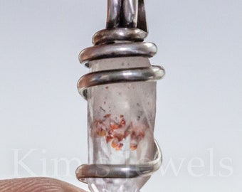 Hematite in Quartz Double Terminated Crystal Gemstone Oxidized Sterling Silver Wire Wrapped Pendant Charm - Ready to Ship!